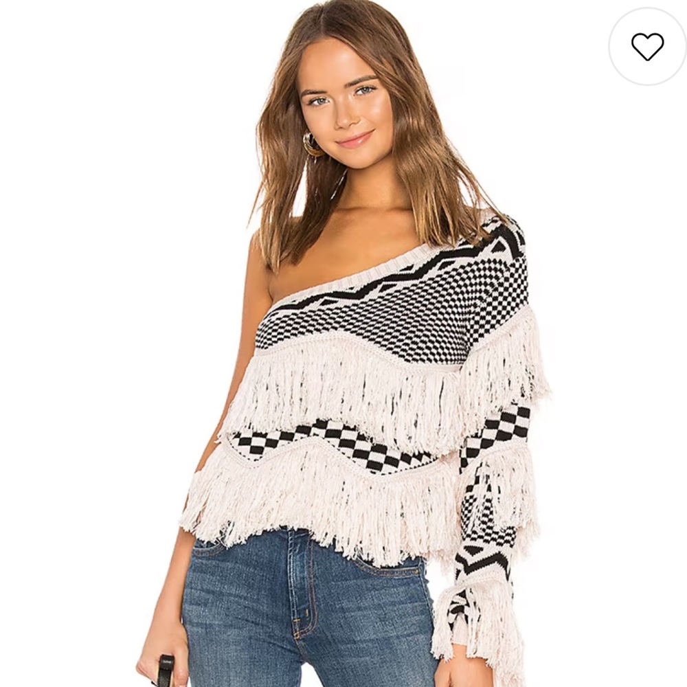 House of Harlow Revolve Noa Sweater in Bone Fringe Off Shoulder XXS Wool Party